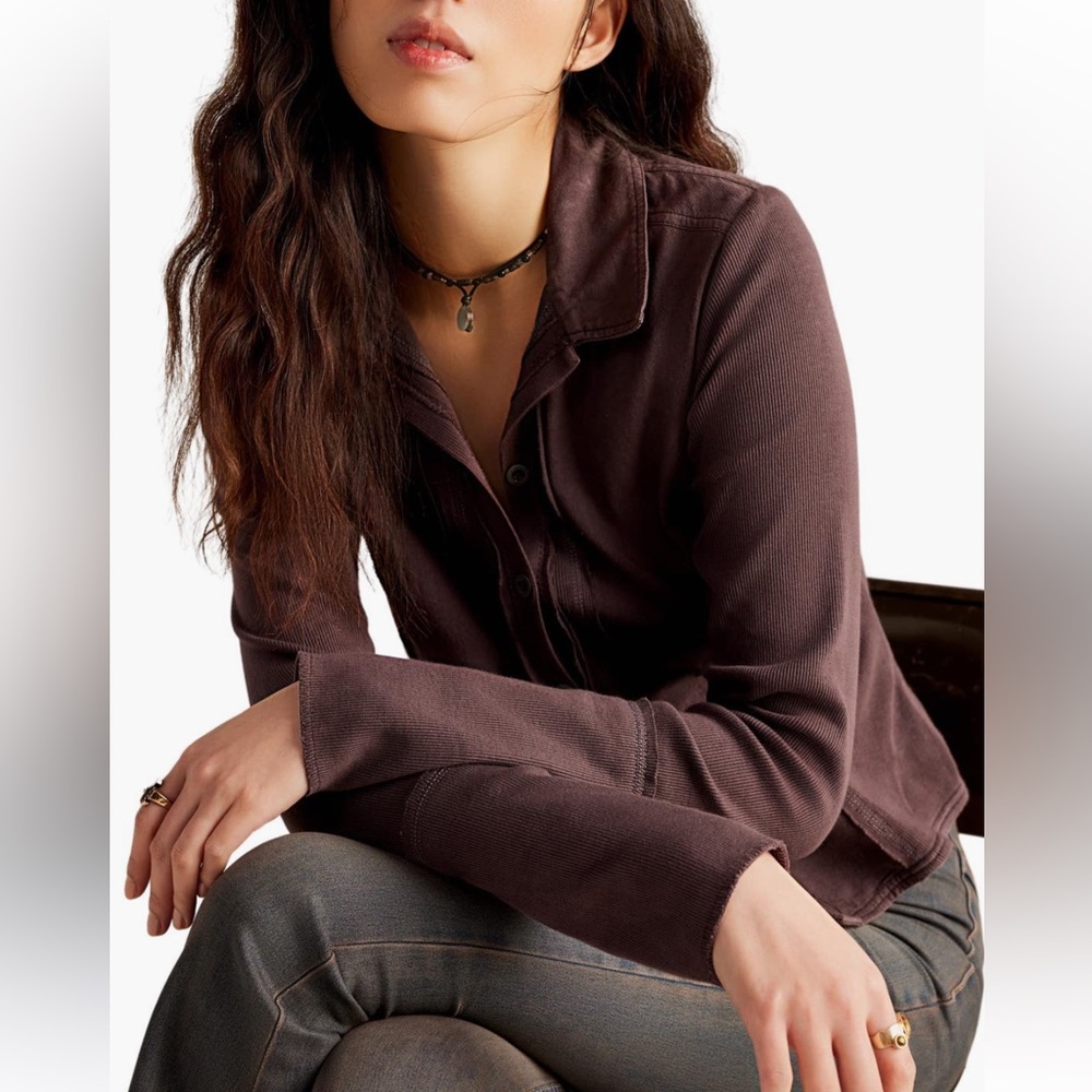 Free People NWT Tiny Button-Up Long Sleeve Collared Ribbed Cotton Top medium - Picture 4 of 16